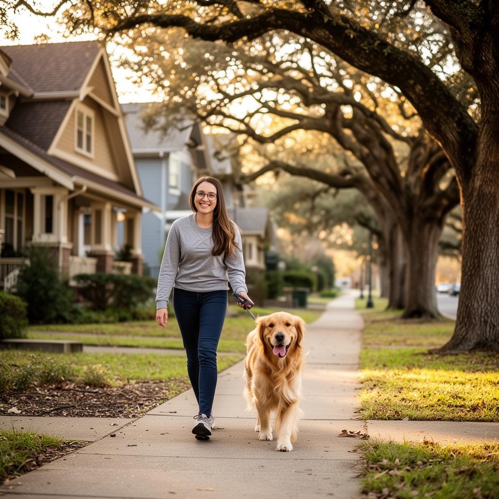 Dog walker leading a golden retriever on a leash down a tree-lined sidewalk in a residential Decatur neighborhood